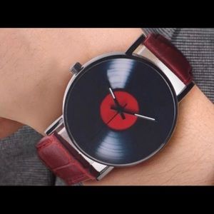 WRISTWATCH with Retro Vinyl LP RECORD FACE art watch FAUX LEATHER BAND NEW